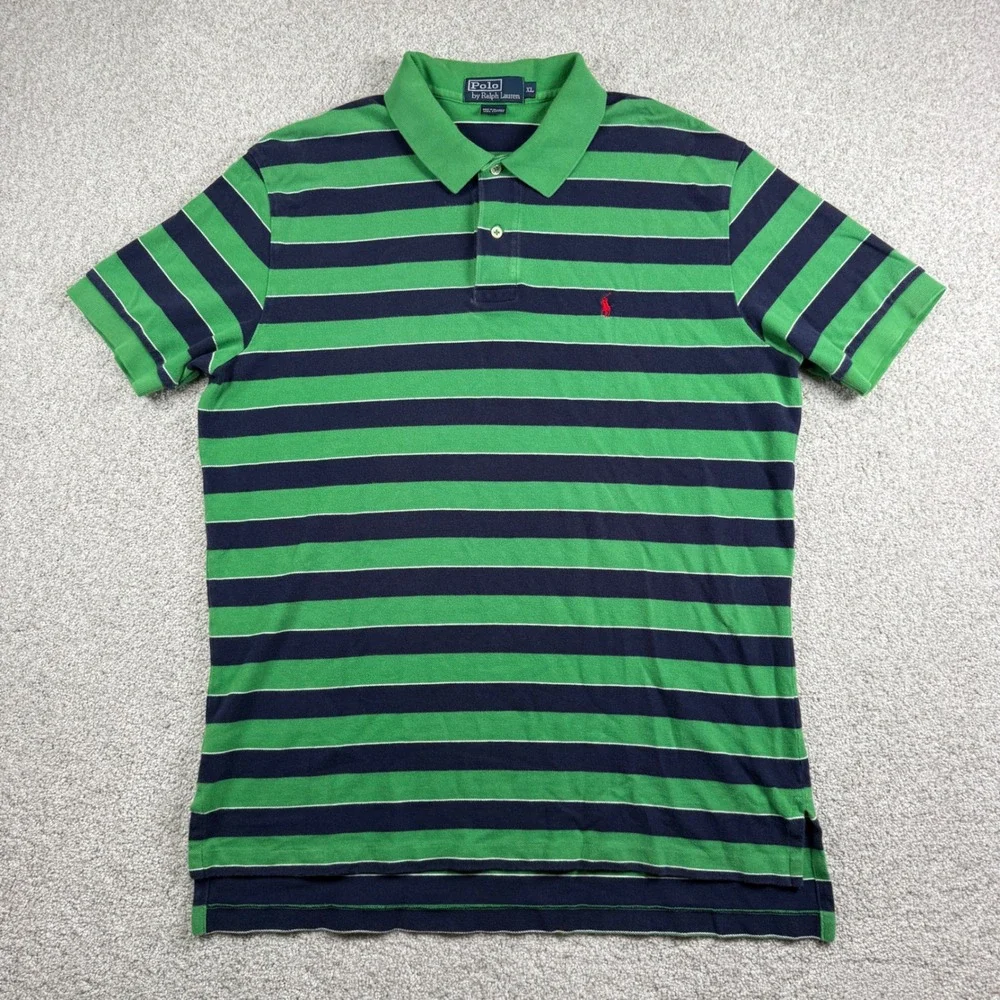 Polo Ralph Lauren Polo Shirt Men XL Green Navy Blue Striped Short Sleeve Pony